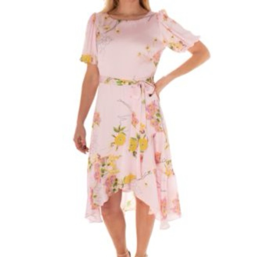Maison Tara Pink Puff Sleeve Midi Dress floral